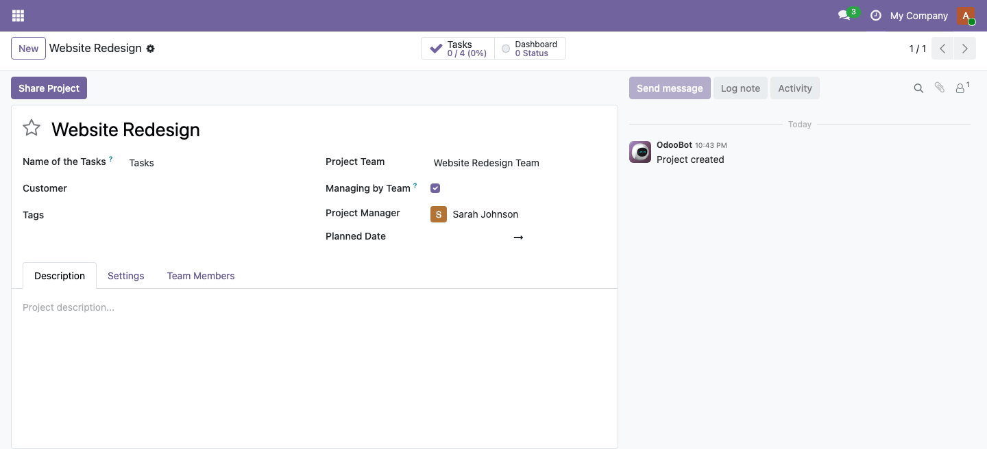 Project form with team and Managing by Team option