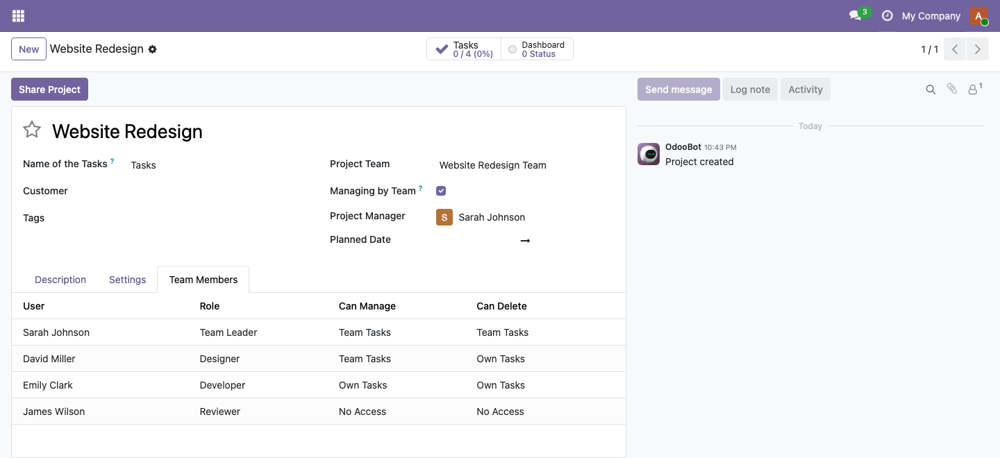 Team members and their access levels on the project
