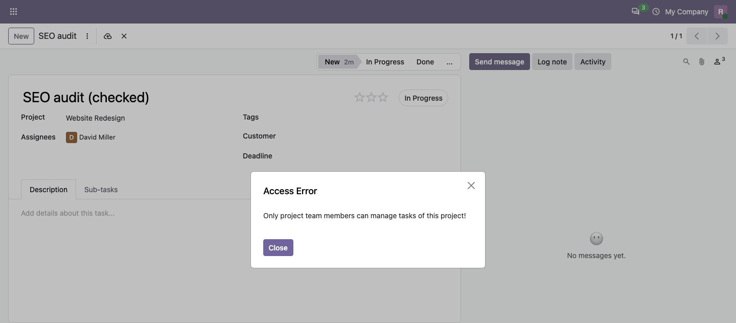 Access error for a user outside the team