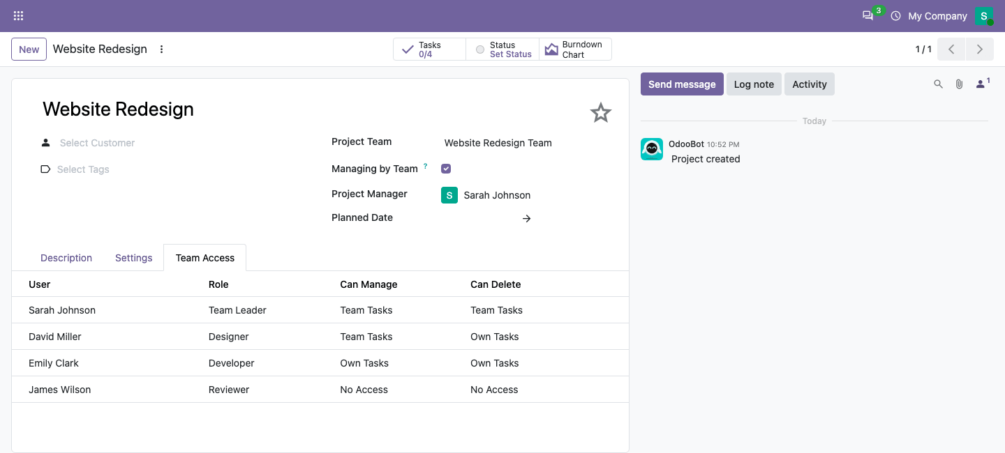 Team members and their access levels on the project